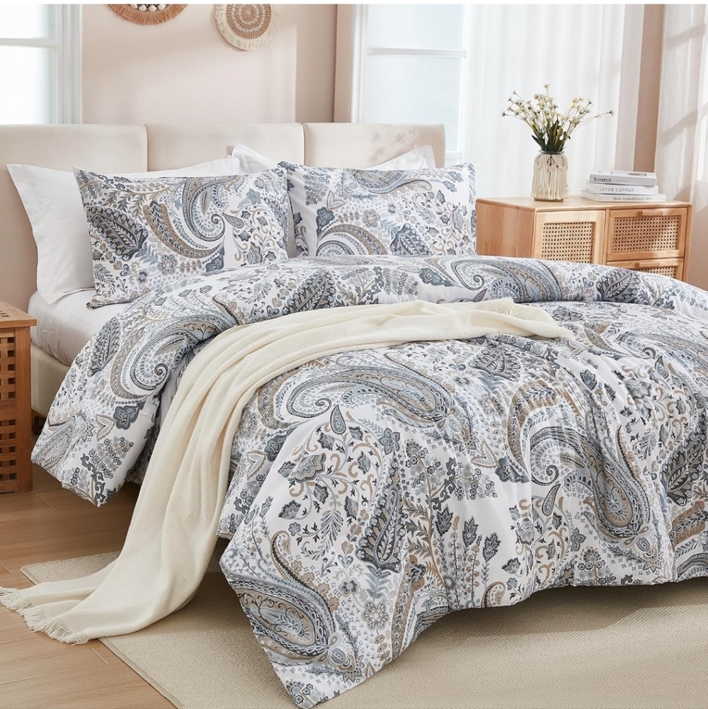 Grey Blue Paisley Duvet Set King Size 3 Pieces 100% Cotton Boho Paisley Pattern